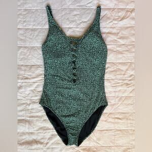 Bleu Rod Beattie Green & Black Leopard Lace Up Plunge One Piece Swimsuit - 6